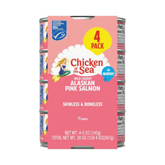 Chicken of the Sea Alaskan pink salmon in water can for quick protein meals.