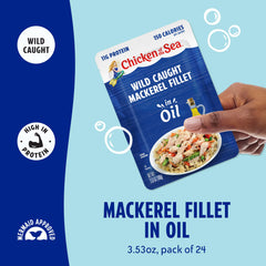 Chicken of the Sea Mackerel Fillet in Oil label highlights wild-caught origin