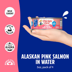 Chicken of the Sea pink salmon in water close-up highlighting simple ingredients.