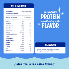 Chicken of the Sea sardines in water nutrition label highlighting protein and omega-3s.