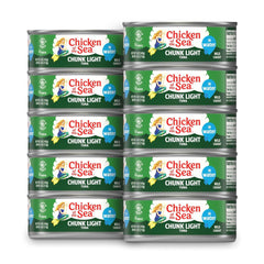 Chicken of the Sea wild caught tuna in water can, high-protein pantry staple.