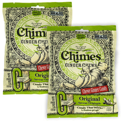 Chimes Ginger Chews Original two-pack 5oz on display for on-the-go snacking.