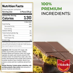 Chobella Dubai chocolate bar pistachio cross-section reveals creamy center and crisp layers