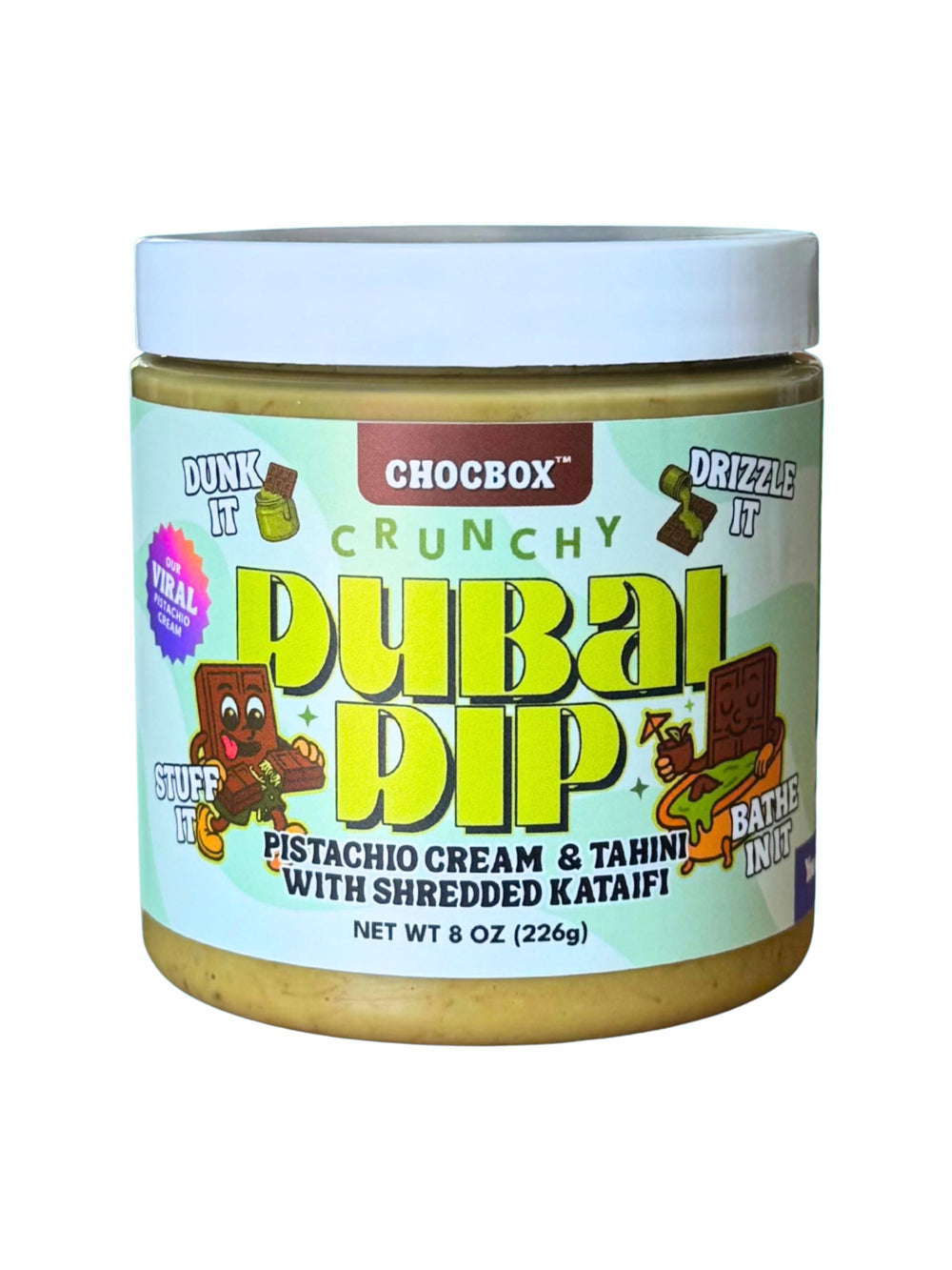 Chocbox Viral Dubai Dip pistachio-tahini with kataifi enhances pastries with rich flavor.