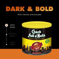 Chock Full o'Nuts Dark Bold steel can packaging preserves freshness by blocking light.