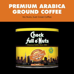 Chock Full O Nuts Donut Shop Ground Coffee cans stacked on shelf illustrate compact organization.