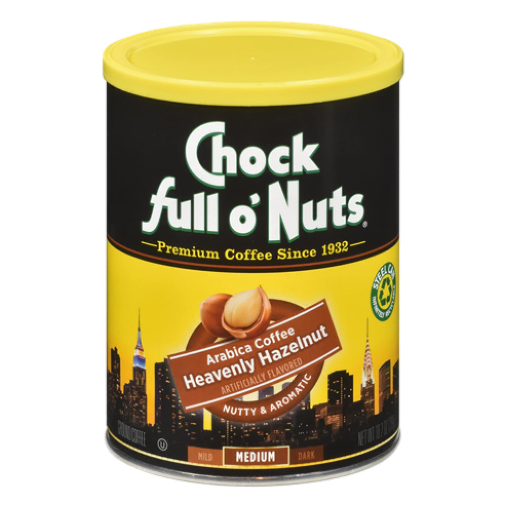 Chock Full o’ Nuts Heavenly Hazelnut ground coffee can ready for freshness and aroma.