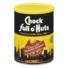 Chock Full o’ Nuts Heavenly Hazelnut ground coffee can ready for freshness and aroma.