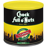 Chock Full o' Nuts Heavenly Original Half Caffeine steel can front view, freshness preserved.