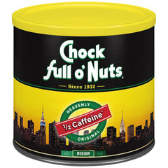 Chock Full o' Nuts Heavenly Original Half Caffeine steel can front view, freshness preserved.