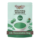 Chocolate Works green melting chocolate wafers packaging for bulk use and easy melting.