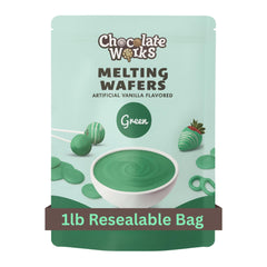 Chocolate Works green melting chocolate wafers packaging for bulk use and easy melting.