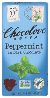 Chocolove peppermint dark chocolate bar front view with 55% cocoa.