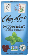 Chocolove peppermint dark chocolate bar front view with 55% cocoa.