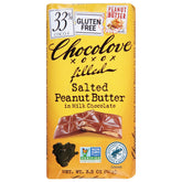 Chocolove salted peanut butter milk chocolate bar close-up showing creamy texture and balanced saltiness.