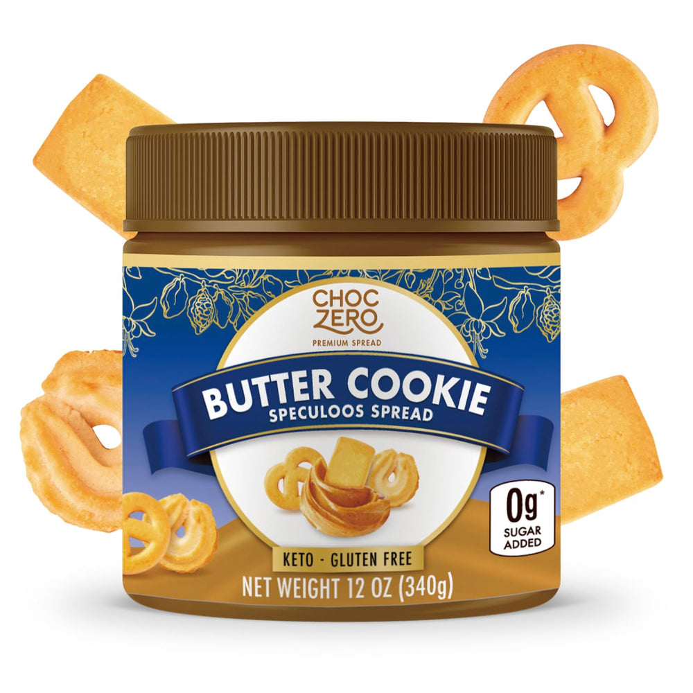 ChocZero Butter Cookie Spread jar showing creamy texture and no added sugar.