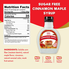 ChocZero Cinnamon Maple Syrup being poured over pancakes, low-carb sweetness.