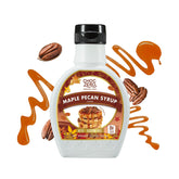 ChocZero Maple Pecan Syrup bottle pouring over fluffy pancakes for breakfast