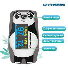 CHOICEMMED Panda oximeter display shows real-time SpO2 and PR.