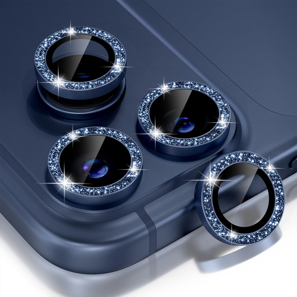 Choiche glitter-blue camera lens protector for iPhone 17 Pro Max with dazzling rhinestone ring