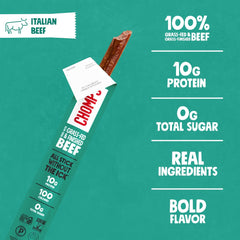 Chomps Italian Style Jerky Stick flavor slice detail highlights mild meatball notes.