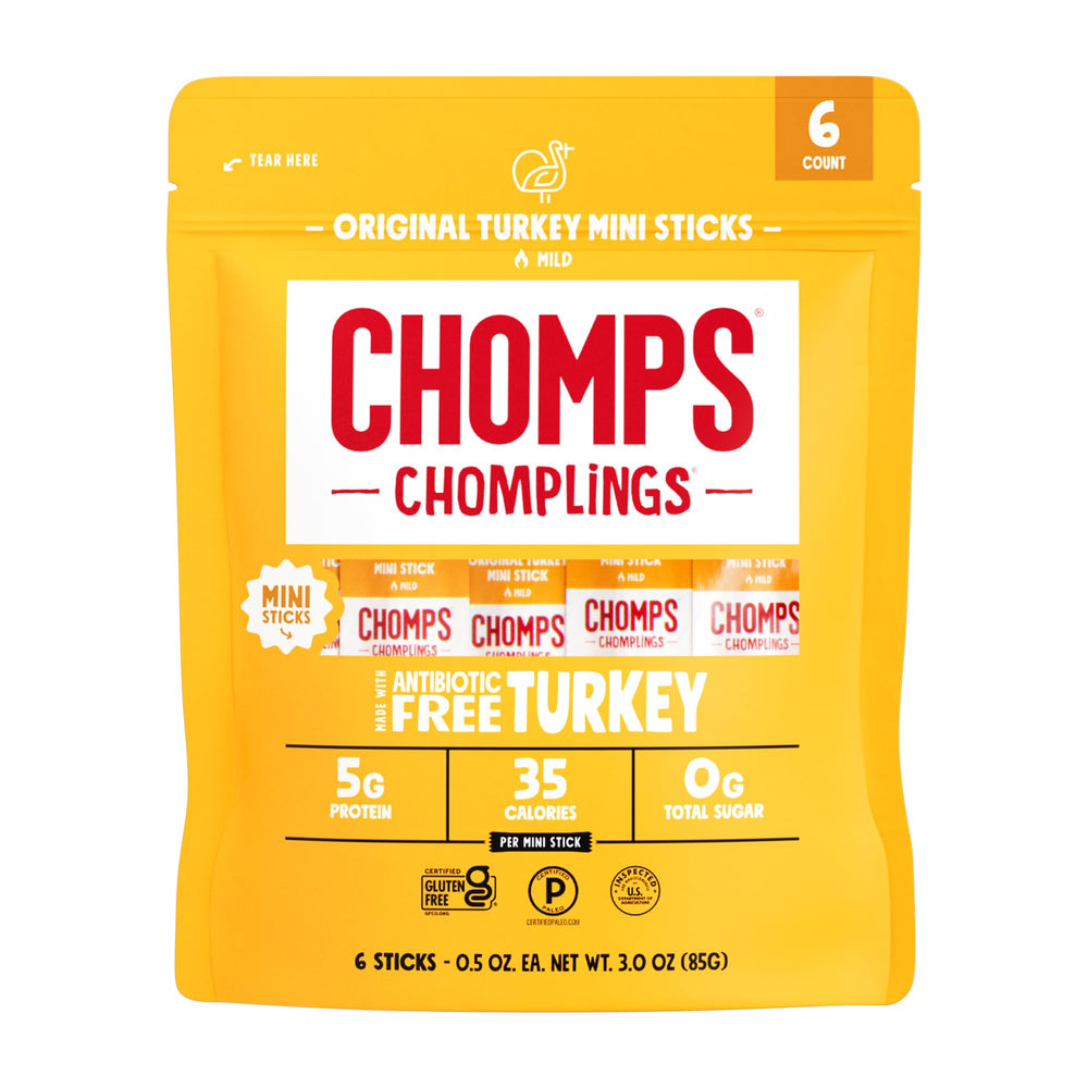 Chomps Mini Free Range Turkey Jerky Sticks Original, on-the-go protein snack.
