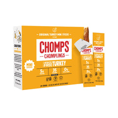 Chomps Original Turkey Jerky Stick close-up shows juicy texture for on-the-go protein
