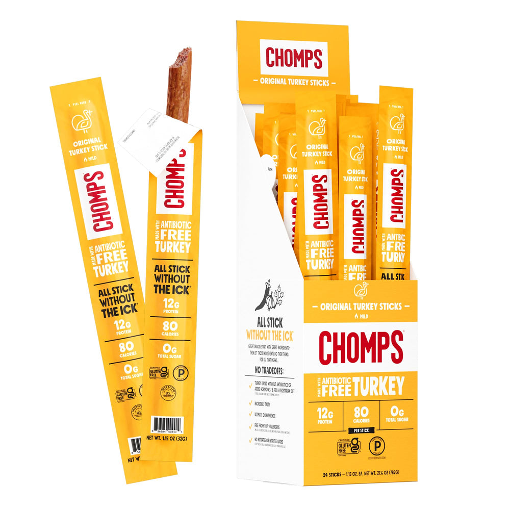 Chomps Original Turkey jerky pack front highlighting convenient 1.15 oz snack.