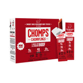 Chomps Smoky BBQ beef jerky stick close-up, high-protein on-the-go snack.