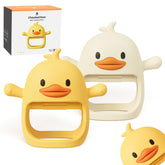 ChooKaChoo Duckie teething mitten on a baby's hand offers secure grip