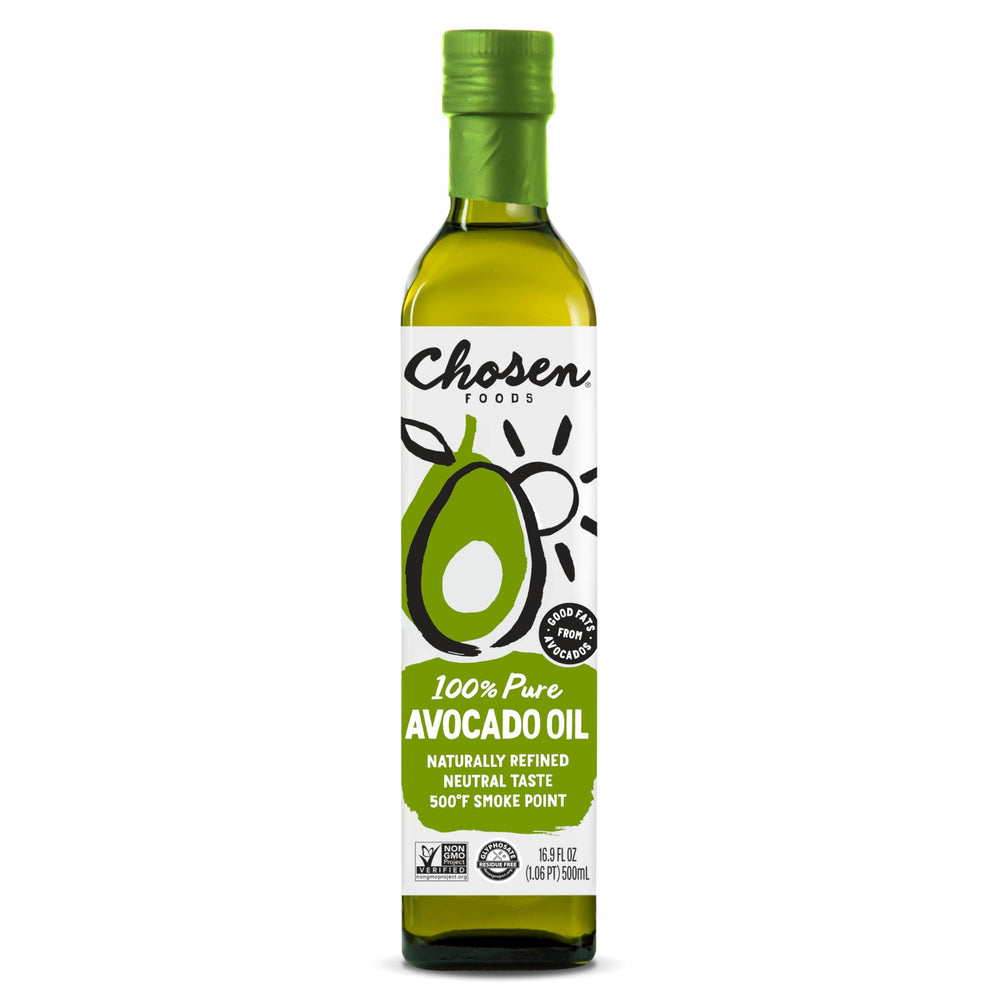 Chosen Foods Avocado Oil bottle front view showing pure, high-heat cooking oil