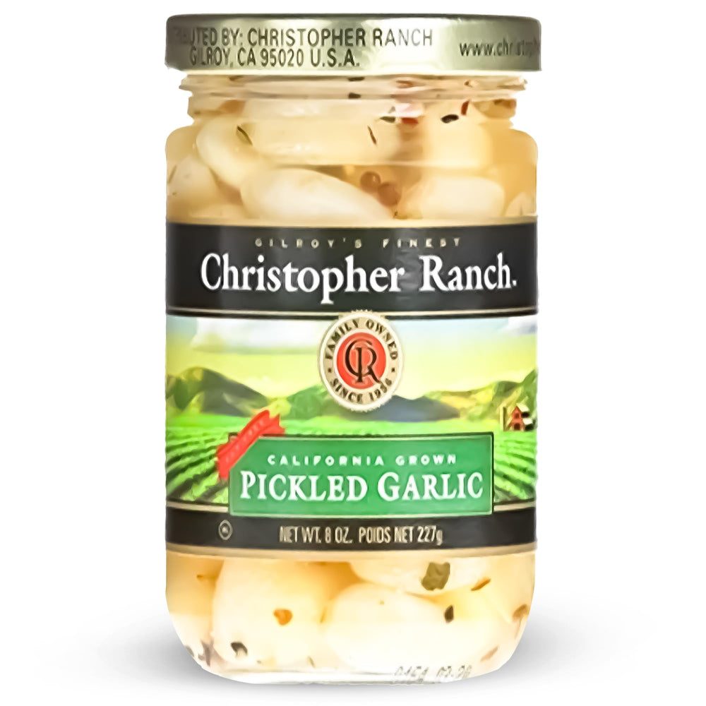 Christopher Ranch Pickled Garlic jar on kitchen counter, ready-to-use flavor boost