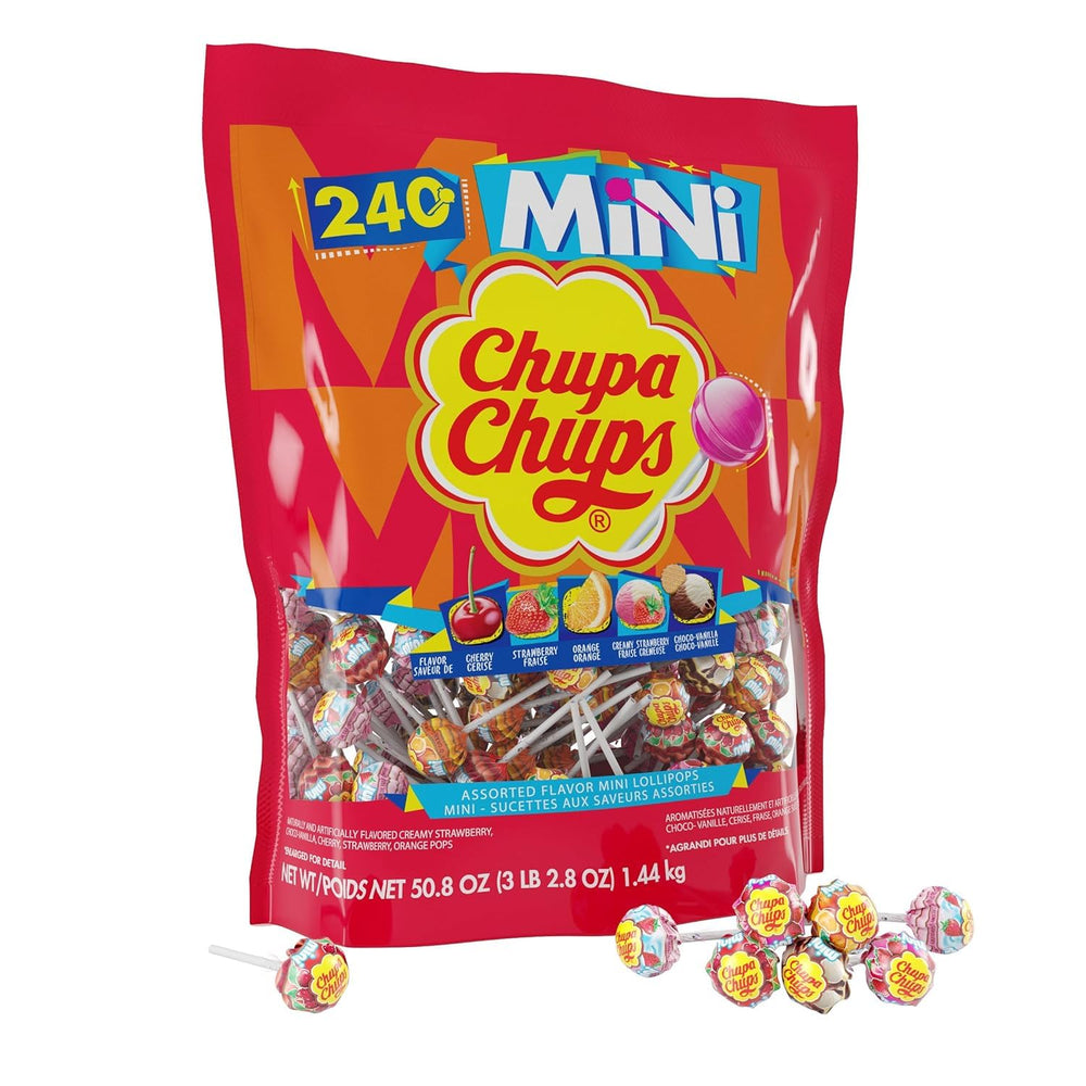 Chupa Chups mini lollipops assortment bag showing five flavors for sharing