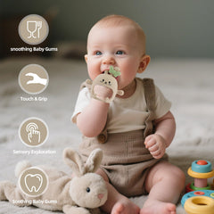 Chuya Bunny Teether baby using closeup demonstrates gripping and chewing.