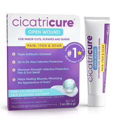 Cicatricure triple antibiotic ointment bottle provides pain relief and reliable wound care.