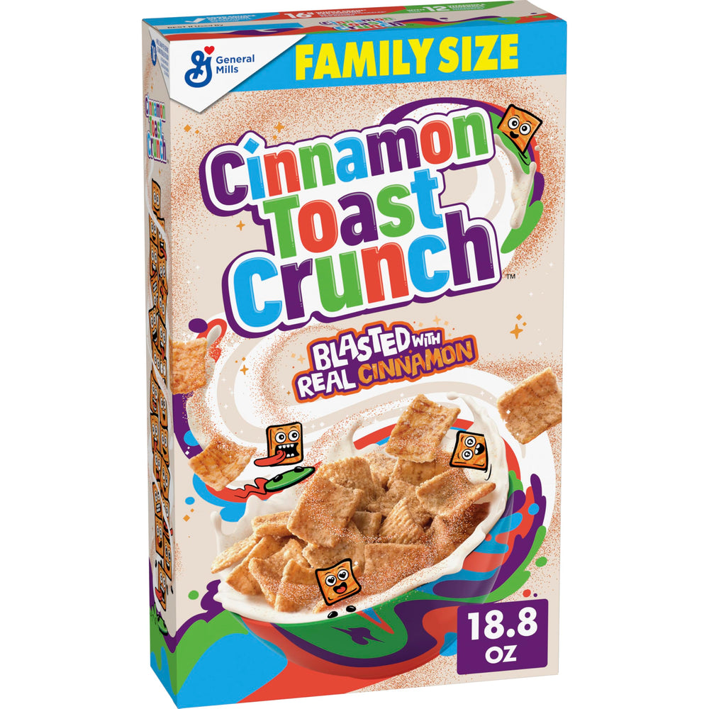 Cinnamon Toast Crunch bowl with milk, quick breakfast option.