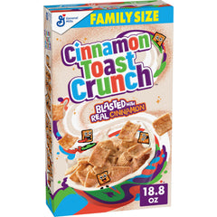 Cinnamon Toast Crunch bowl with milk, quick breakfast option.