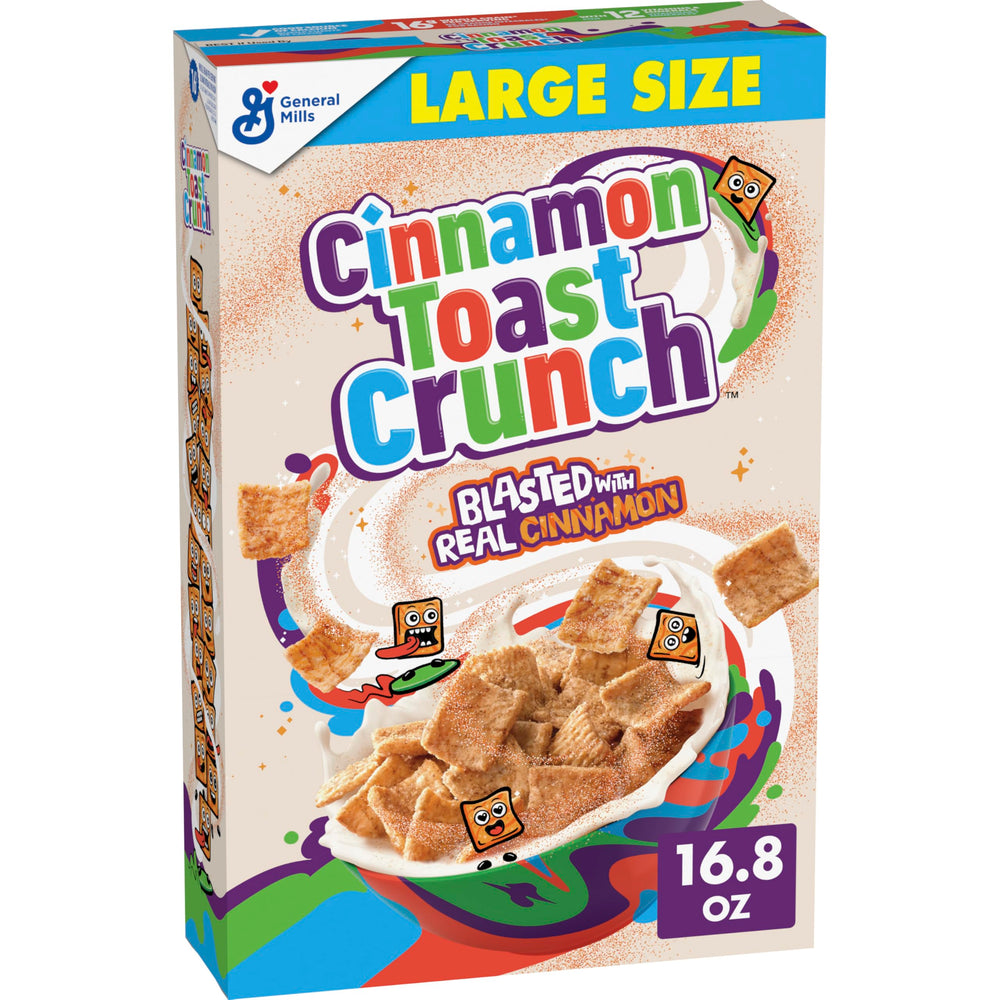 Cinnamon Toast Crunch large size box on pantry shelf for quick breakfasts.