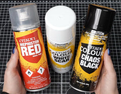 Citadel Chaos Black spray primer angled spray demonstrates consistent matte finish.