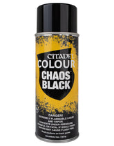 Citadel Chaos Black spray primer can showing smooth, even coverage for miniatures.