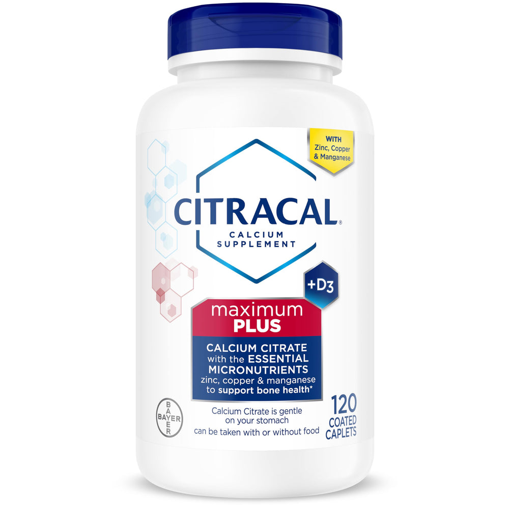 Citracal Maximum Plus bottle front with calcium citrate and D3 visible for bone health
