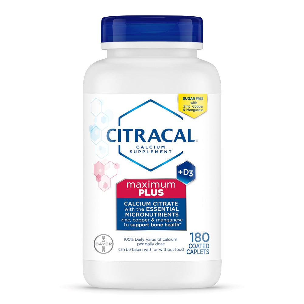 Citracal Maximum Plus bottle front showing calcium citrate and vitamin D3 for bone support