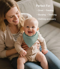Baby wearing bib with 3 adjustable sizes for growing comfort.