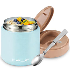 CJACJA insulated food jar blue side view showing portable design and temperature retention
