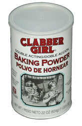 Clabber Girl double-acting baking powder can with pop top for precise measuring.