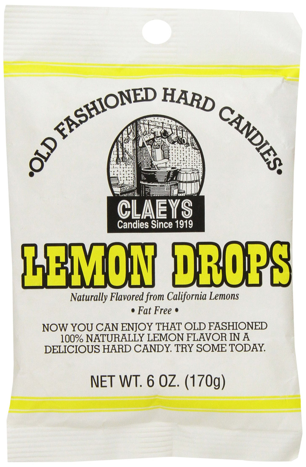 Claeys Lemon Old Fashioned hard candy bag with bright lemon color, a classic treat.