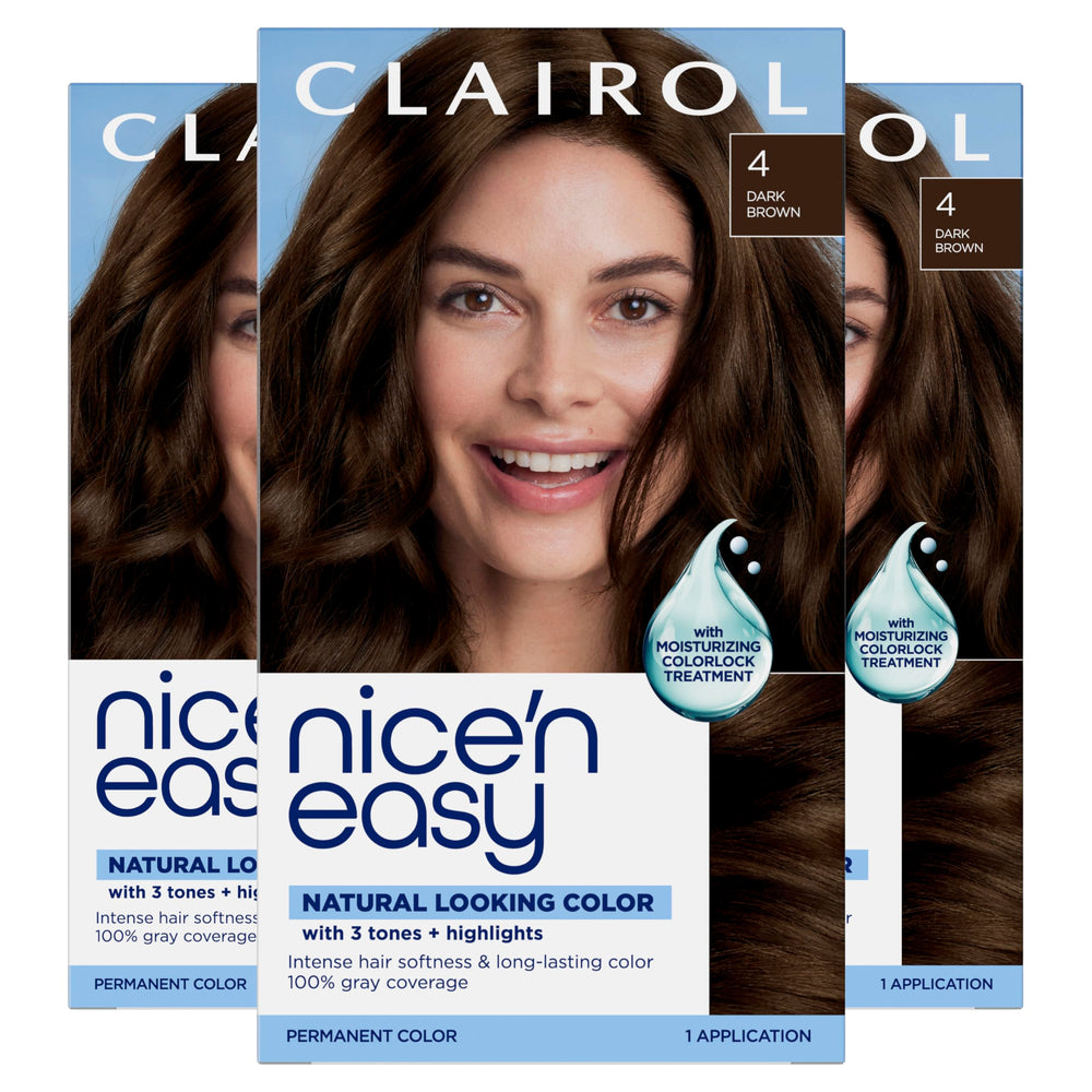 Clairol Nice'n Easy 4 Dark Brown box showing natural color options for gray coverage