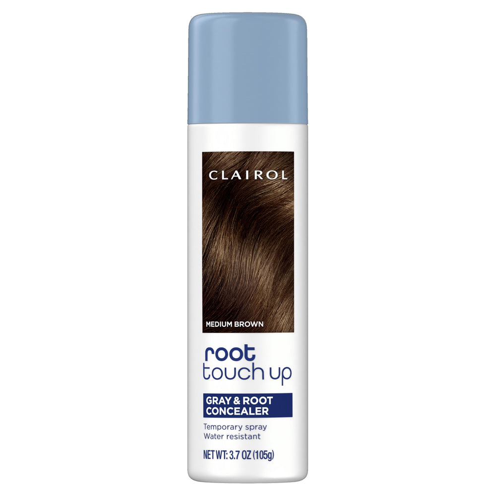 Clairol Root Touch-Up spray bottle in medium brown covers grays in seconds.