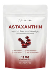 ClarityMD astaxanthin bottle pouring softgels for daily antioxidant support.