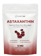 ClarityMD astaxanthin bottle pouring softgels for daily antioxidant support.